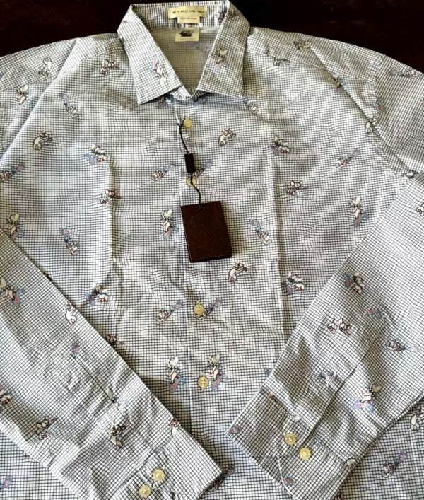 Etro Milano, camicia a maniche lunghe in cotone Fantasia gatti su fondo azzurro Taglia 45